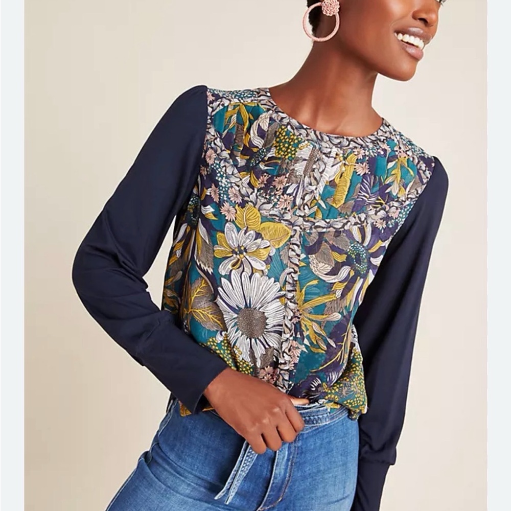 Navy Floral Embroidered Blouse
